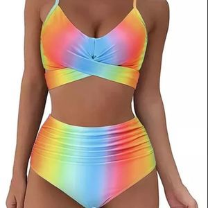 Summer sexy bikini print neon beach wear pool suim suit high waist tie multi col